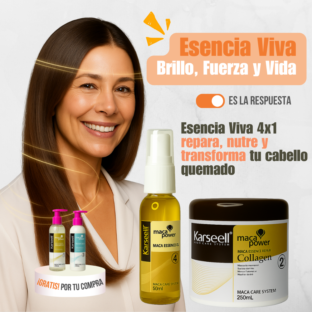 🔥 Esencia Viva 4x1 – Repara el daño de cubrir canas y devuelve la vida a tu cabello + Shampoo y Crema Proteína GRATIS